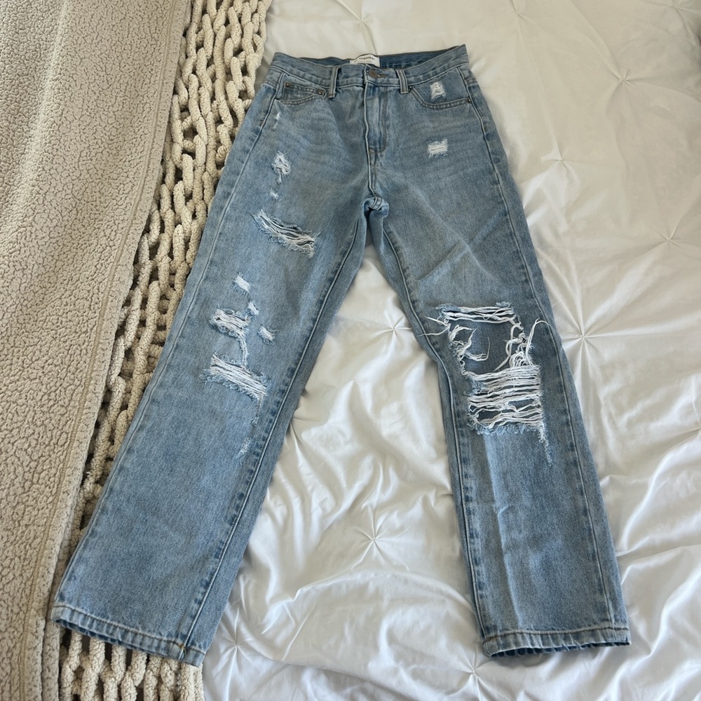 distressed light wash straight leg jeans